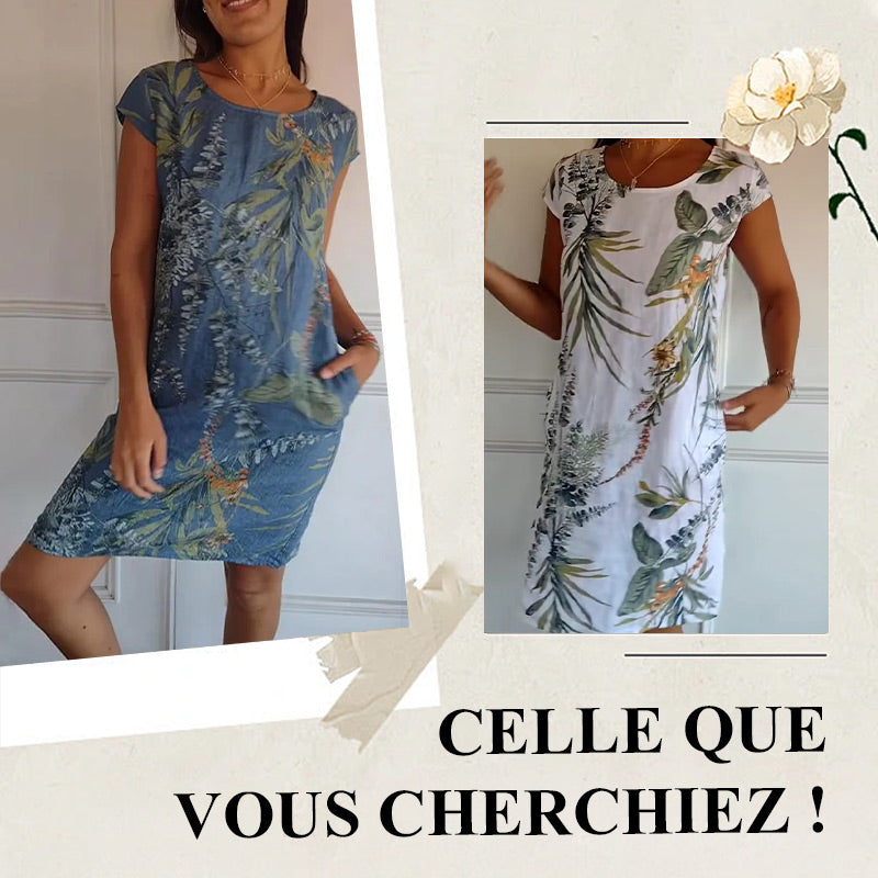 🍀Robe à Col Rond à Imprimé Botanique – Vente de Printemps – Tissu Léger, Motif Naturel & Coupe Décontractée🌸