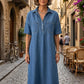 👗🔥Robe-Chemise Midi Jean Femme Poches – Tissu Structuré Non Collant Coupe Oversize Flatteuse Toutes Morphologies S-3XL, Col V Ajustable Manches Courtes Élégance Quotidienne, Légère Respirante✨