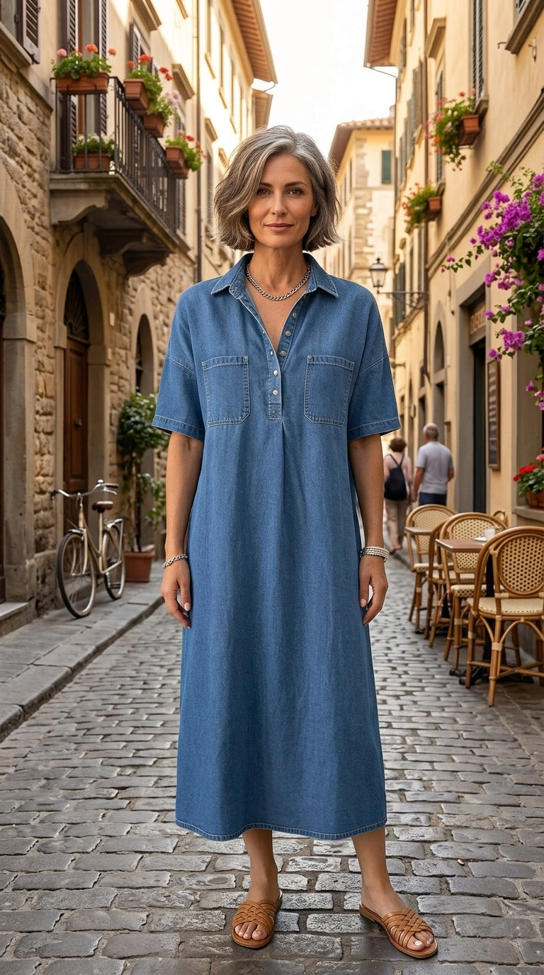 👗🔥Robe-Chemise Midi Jean Femme Poches – Tissu Structuré Non Collant Coupe Oversize Flatteuse Toutes Morphologies S-3XL, Col V Ajustable Manches Courtes Élégance Quotidienne, Légère Respirante✨