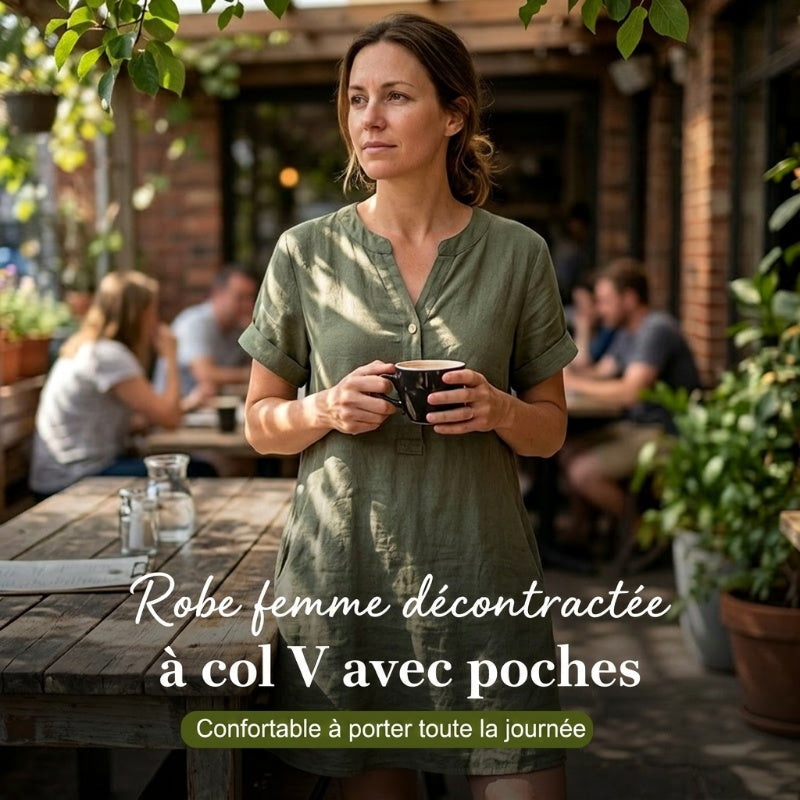 🍂OFFRE LIMITÉE 50% DE RÉDUCTION🌸Robe Tunique Indispensable à Col V avec Poches – Mélange de Coton Doux, Facile d’Entretien, Poches des Deux Côtés – Un Basique de Garde-Robe pour Printemps, Été et Superposition en Automne 🧥🧣