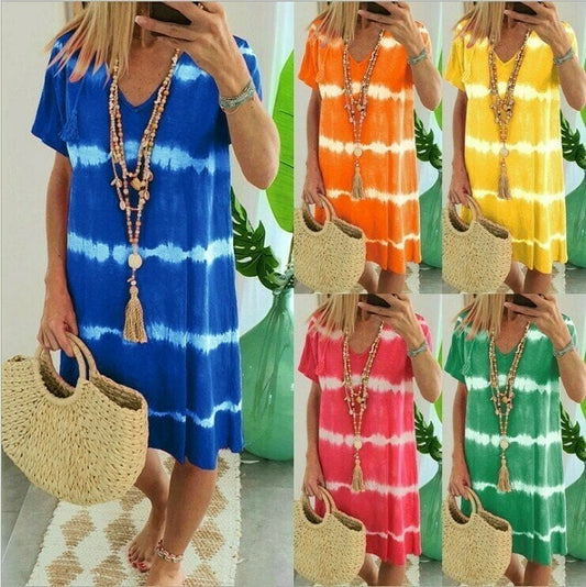 👗PROMO FLASH 50%🌊Robe-T-Shirt Ample Rayée Tie-Dye – Coton Doux, Col V, Manches Courtes, Tailles S-5XL, Idéale Été & Plage✨☀️