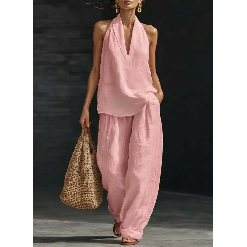 ✨🔥Ensemble deux pièces en lin bohème – Haut sans manches à col haltère et pantalon à jambes larges