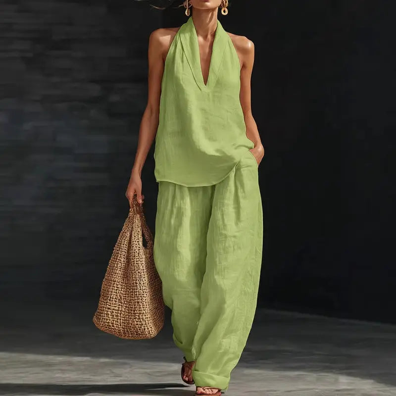 ✨🔥Ensemble deux pièces en lin bohème – Haut sans manches à col haltère et pantalon à jambes larges