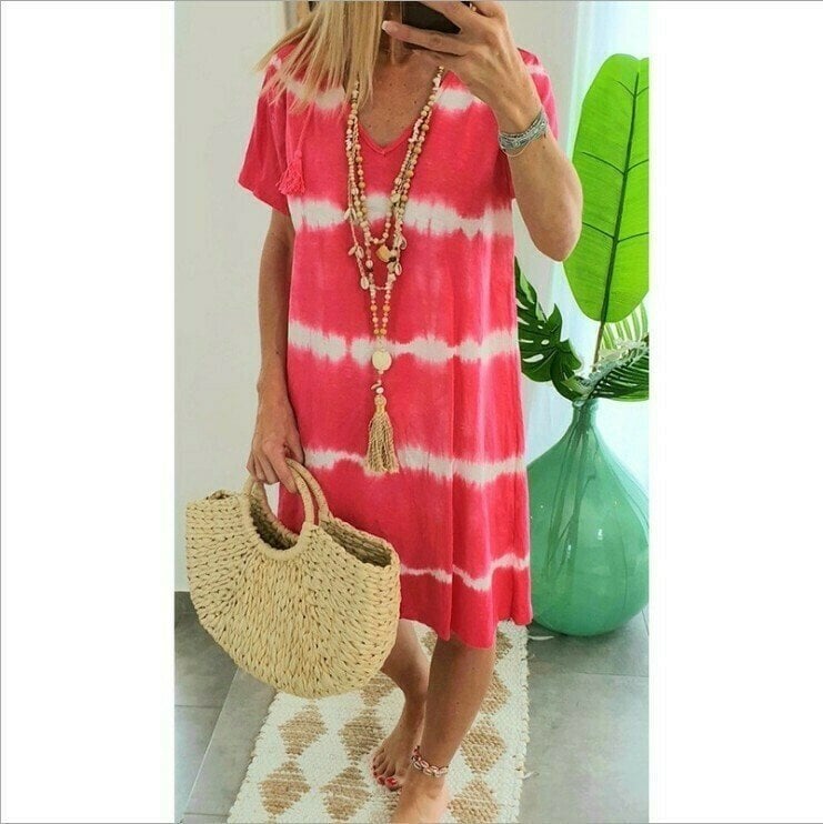 👗PROMO FLASH 50%🌊Robe-T-Shirt Ample Rayée Tie-Dye – Coton Doux, Col V, Manches Courtes, Tailles S-5XL, Idéale Été & Plage✨☀️