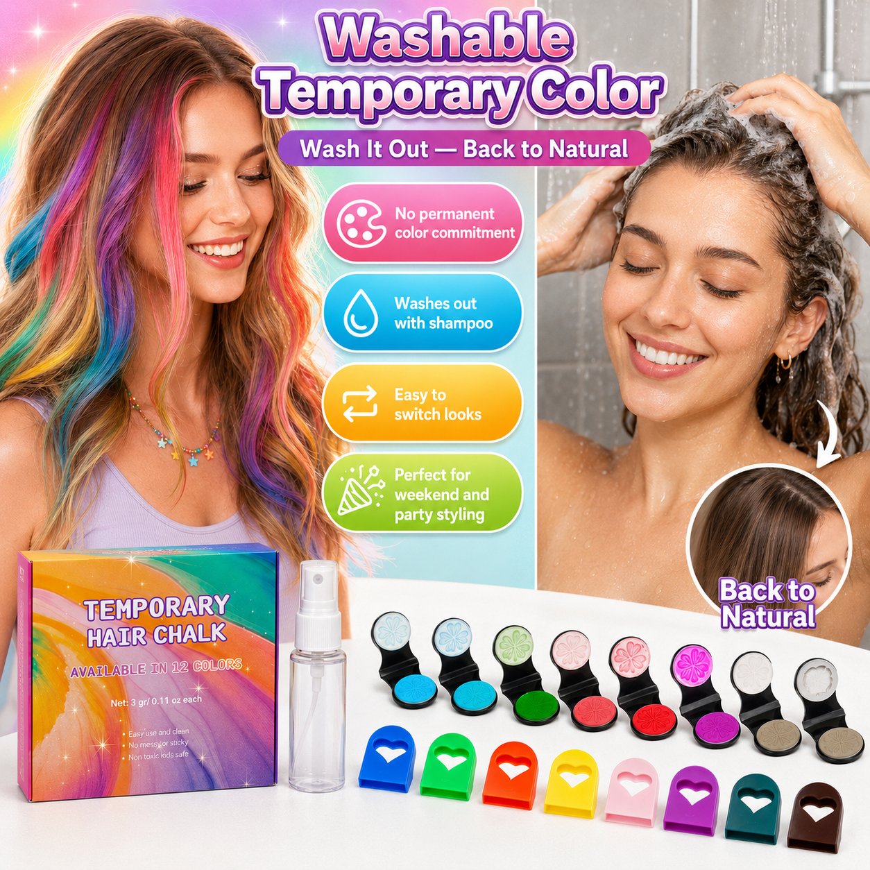 🌈 Kit de Craie Temporaire pour Cheveux — 12 Couleurs Vibrantes, Applicateur à Pince, Lavable, Sans Teinture Permanente ✨