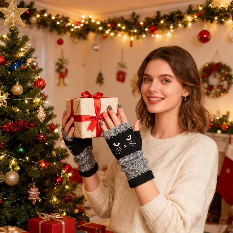 🎁 Promotion du dernier jour 50% DE RÉDUCTION 🐱 Gants tricotés pour femmes avec motif chat — Pour des mains au chaud et des doigts libres 🧶