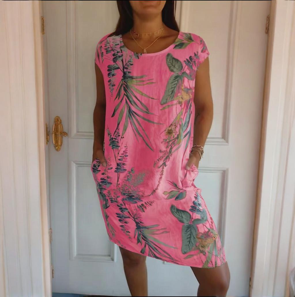 🍀Robe à Col Rond à Imprimé Botanique – Vente de Printemps – Tissu Léger, Motif Naturel & Coupe Décontractée🌸