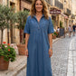 👗🔥Robe-Chemise Midi Jean Femme Poches – Tissu Structuré Non Collant Coupe Oversize Flatteuse Toutes Morphologies S-3XL, Col V Ajustable Manches Courtes Élégance Quotidienne, Légère Respirante✨
