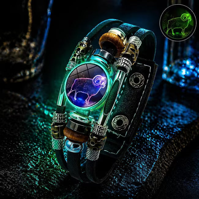 ✨ Bracelet en Cuir Phosphorescent Signe du Zodiaque — 12 Signes, Homme & Femme, 6,9 / 8,1 Pouces, Idée Cadeau 🌙