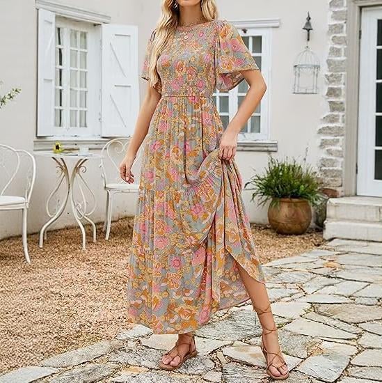 ⏰Robe longue fluide pour femme, style décontracté, à imprimé floral, manches flottantes, smockée et taille haute