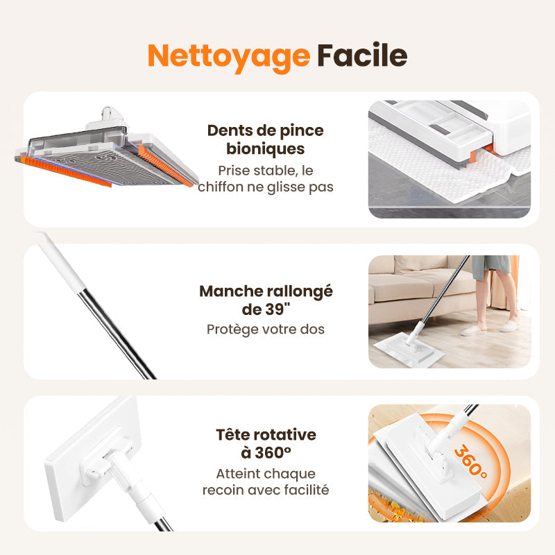 🧹Serpillère Réutilisable – Pince Biomimétique Auto-Serrante, Manche Télescopique 100 cm, Rotation 360° & Écologique (Multi-Surfaces) !