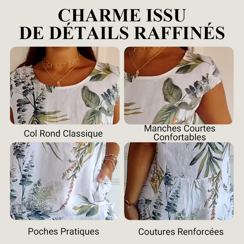 🍀Robe à Col Rond à Imprimé Botanique – Vente de Printemps – Tissu Léger, Motif Naturel & Coupe Décontractée🌸