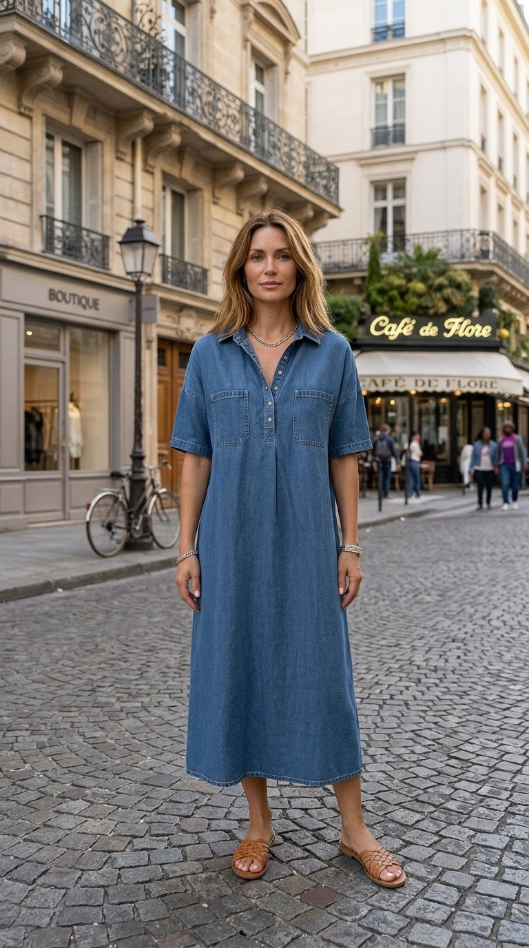 👗🔥Robe-Chemise Midi Jean Femme Poches – Tissu Structuré Non Collant Coupe Oversize Flatteuse Toutes Morphologies S-3XL, Col V Ajustable Manches Courtes Élégance Quotidienne, Légère Respirante✨