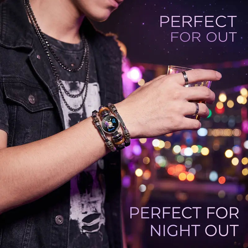 ✨ Bracelet en Cuir Phosphorescent Signe du Zodiaque — 12 Signes, Homme & Femme, 6,9 / 8,1 Pouces, Idée Cadeau 🌙