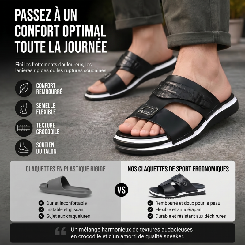 👞PROMO FLASH 50%🏖️Sandales Slip-On Homme Simili Cuir – 2 Textures, Semelle Anti-Dérapante, 3 Couleurs, Pointures 39-48, Respirantes, Rembourrées✨