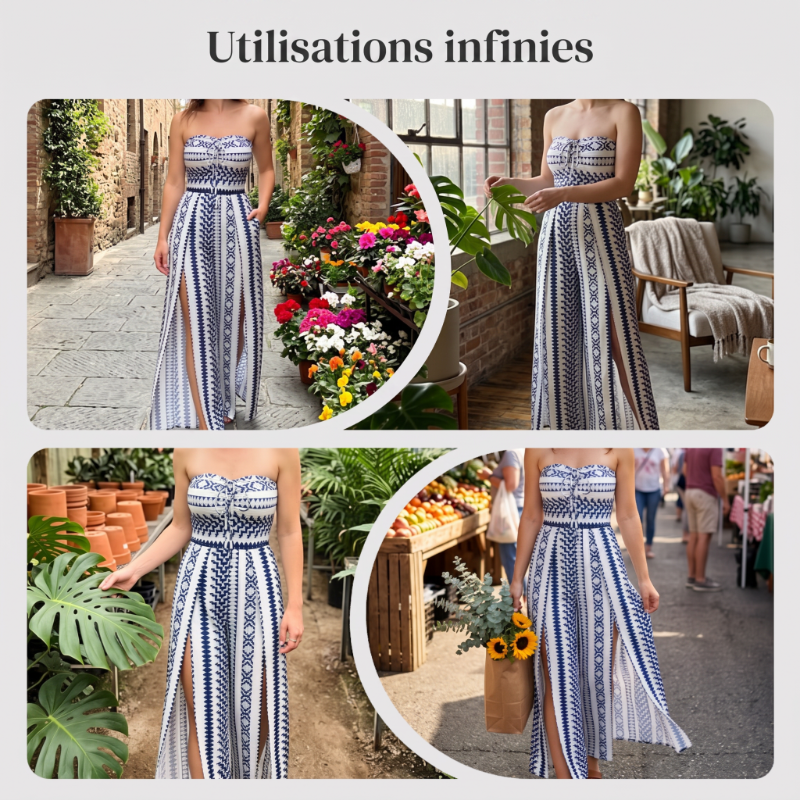 👗 50% DE RÉDUCTION 💥 Combinaison motifs géométriques – Encolure dos nu & fente latérale – Tissu fluide, polyvalente – parfaite pour les soirées ou les vacances ✨