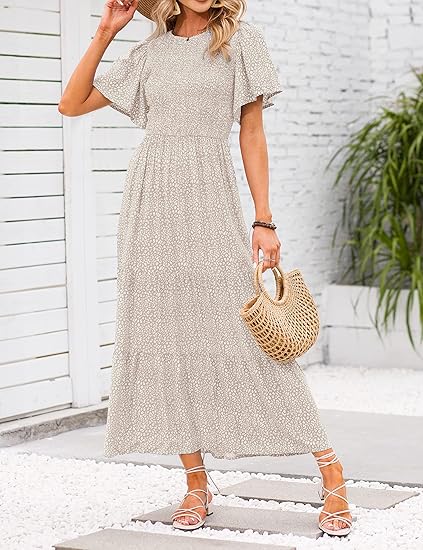 ⏰Robe longue fluide pour femme, style décontracté, à imprimé floral, manches flottantes, smockée et taille haute