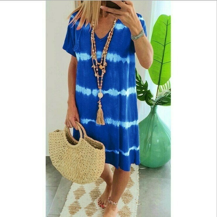 👗PROMO FLASH 50%🌊Robe-T-Shirt Ample Rayée Tie-Dye – Coton Doux, Col V, Manches Courtes, Tailles S-5XL, Idéale Été & Plage✨☀️