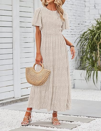 ⏰Robe longue fluide pour femme, style décontracté, à imprimé floral, manches flottantes, smockée et taille haute