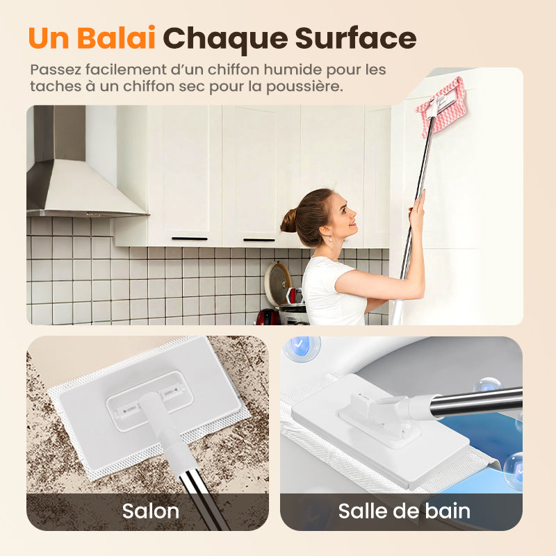 🧹Serpillère Réutilisable – Pince Biomimétique Auto-Serrante, Manche Télescopique 100 cm, Rotation 360° & Écologique (Multi-Surfaces) !