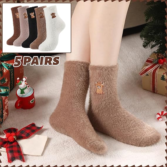 🔥Chaussettes douillettes brodées pour femmes avec motif de vache des Highlands