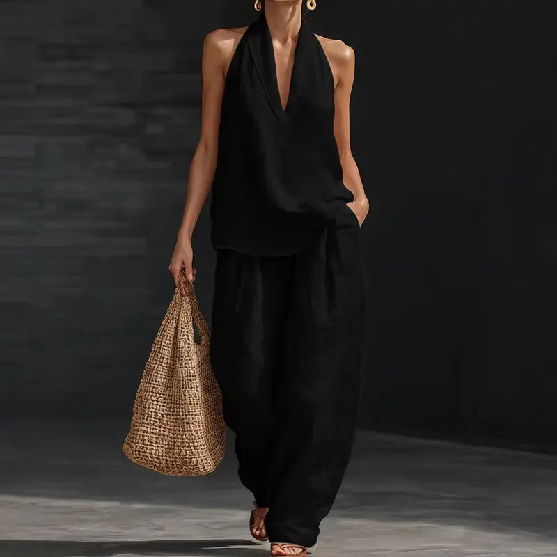 ✨🔥Ensemble deux pièces en lin bohème – Haut sans manches à col haltère et pantalon à jambes larges