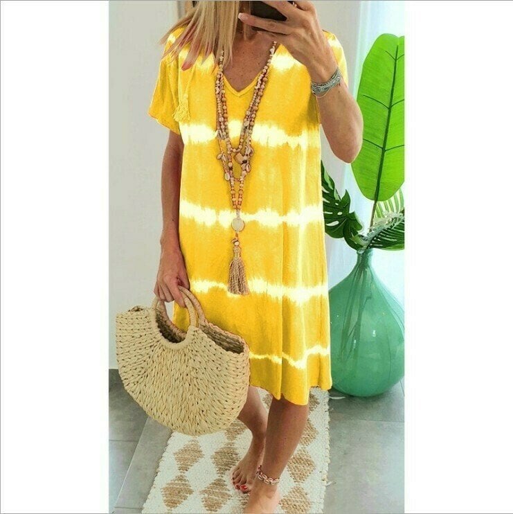 👗PROMO FLASH 50%🌊Robe-T-Shirt Ample Rayée Tie-Dye – Coton Doux, Col V, Manches Courtes, Tailles S-5XL, Idéale Été & Plage✨☀️