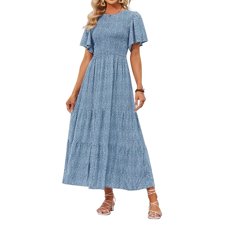 ⏰Robe longue fluide pour femme, style décontracté, à imprimé floral, manches flottantes, smockée et taille haute