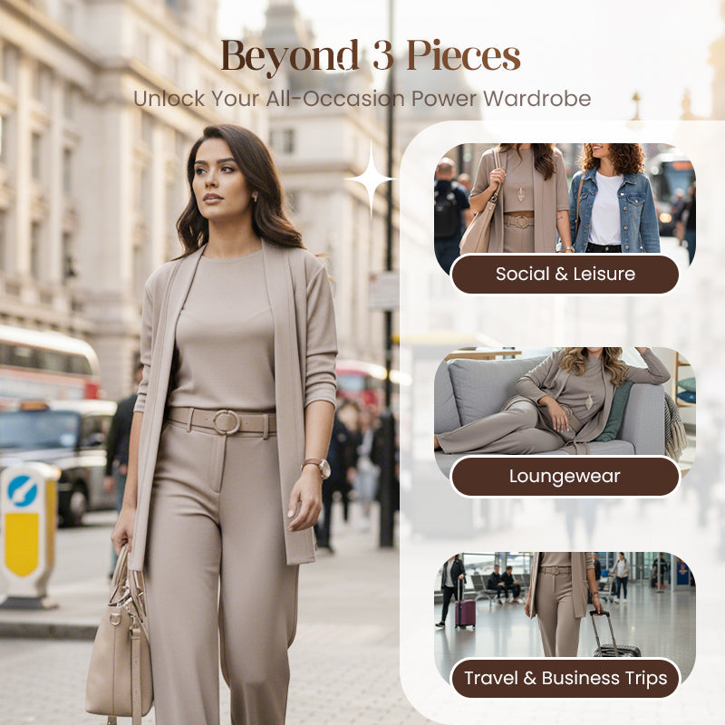Ensemble Élégant Long Cardigan & Haut & Pantalon 3 Pièces
