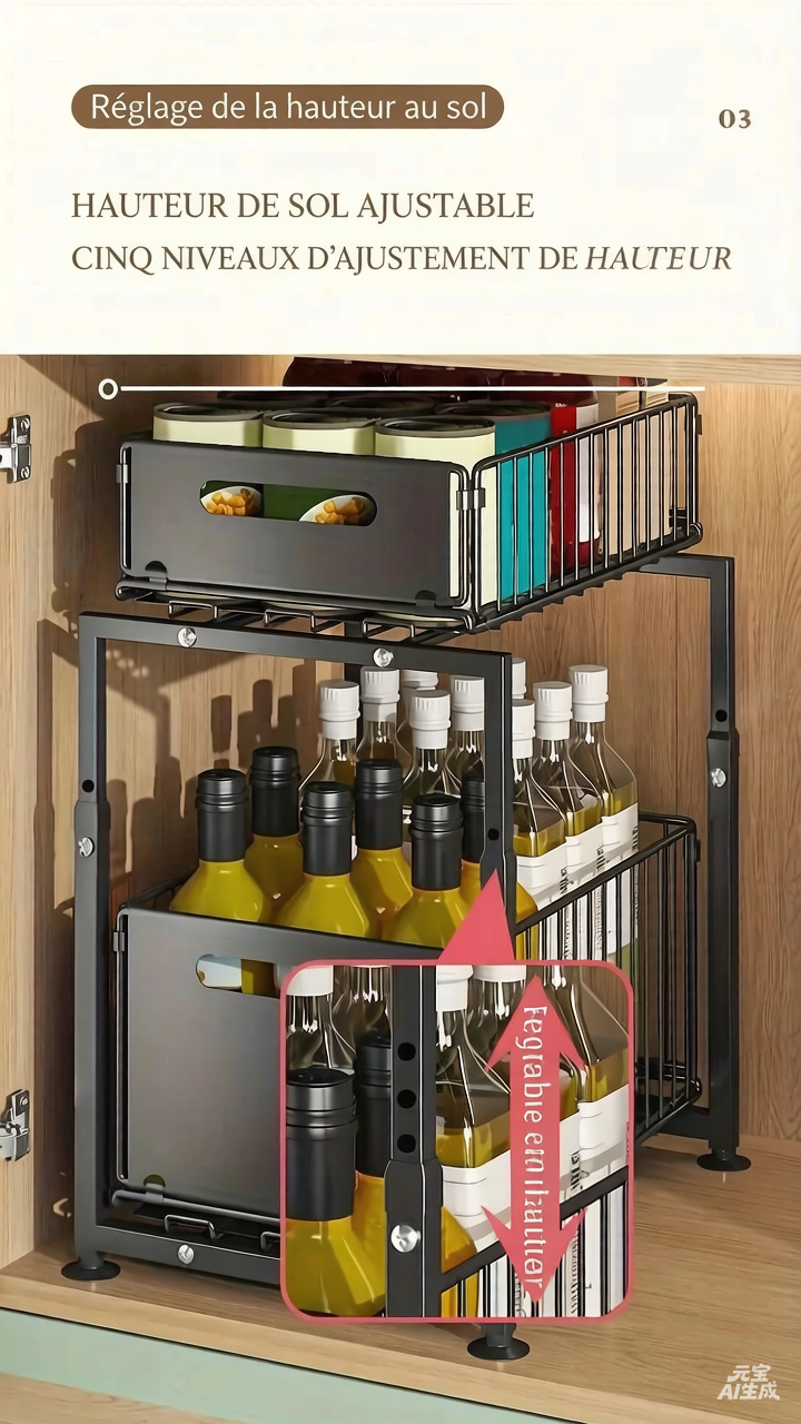 🧂✨ -50% | Organisateur Coulissant Réglable pour Sous Évier – Étagère de Rangement Multifonction pour Cuisine, Épices et Accessoires