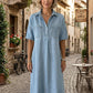 👗🔥Robe-Chemise Midi Jean Femme Poches – Tissu Structuré Non Collant Coupe Oversize Flatteuse Toutes Morphologies S-3XL, Col V Ajustable Manches Courtes Élégance Quotidienne, Légère Respirante✨
