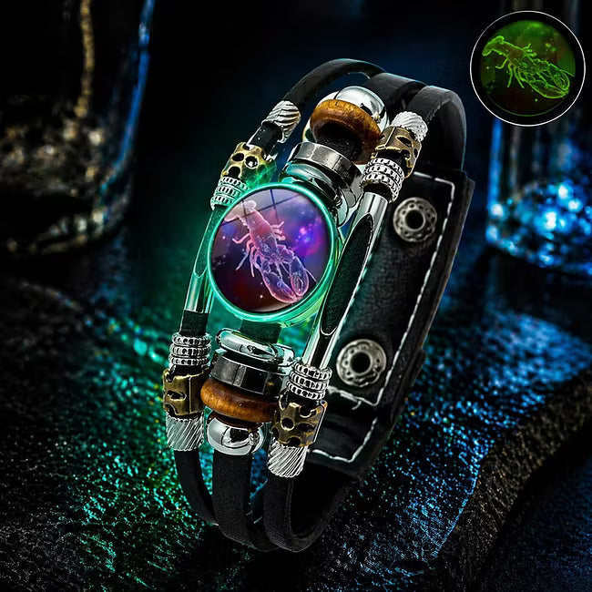 ✨ Bracelet en Cuir Phosphorescent Signe du Zodiaque — 12 Signes, Homme & Femme, 6,9 / 8,1 Pouces, Idée Cadeau 🌙