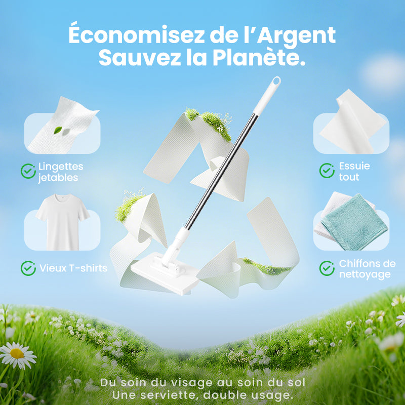 🧹Serpillère Réutilisable – Pince Biomimétique Auto-Serrante, Manche Télescopique 100 cm, Rotation 360° & Écologique (Multi-Surfaces) !