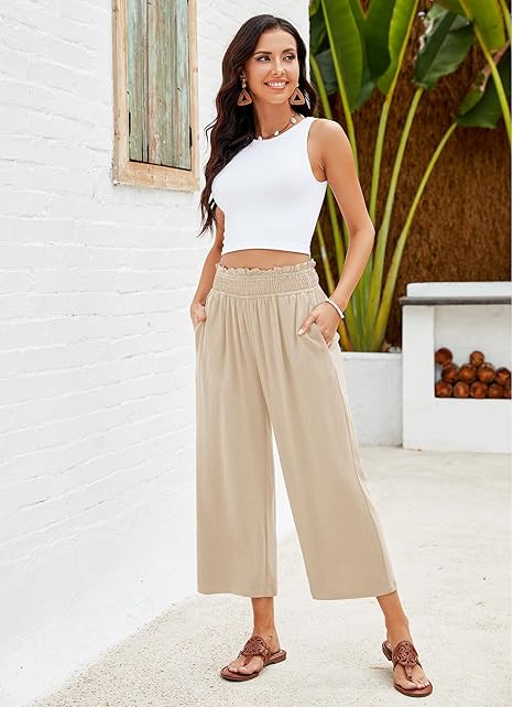 📢📢-50% !! ⏰ Pantalon Capri Femme Taille Haute À Jambe Large en Lin Élastique Smocké