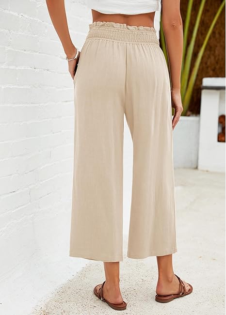 📢📢-50% !! ⏰ Pantalon Capri Femme Taille Haute À Jambe Large en Lin Élastique Smocké