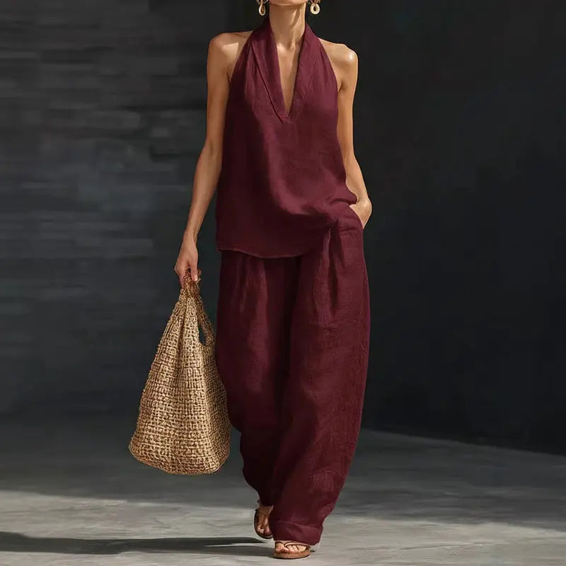 ✨🔥Ensemble deux pièces en lin bohème – Haut sans manches à col haltère et pantalon à jambes larges