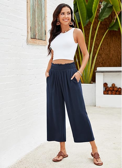 📢📢-50% !! ⏰ Pantalon Capri Femme Taille Haute À Jambe Large en Lin Élastique Smocké