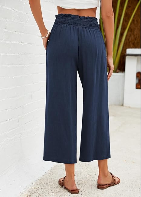📢📢-50% !! ⏰ Pantalon Capri Femme Taille Haute À Jambe Large en Lin Élastique Smocké