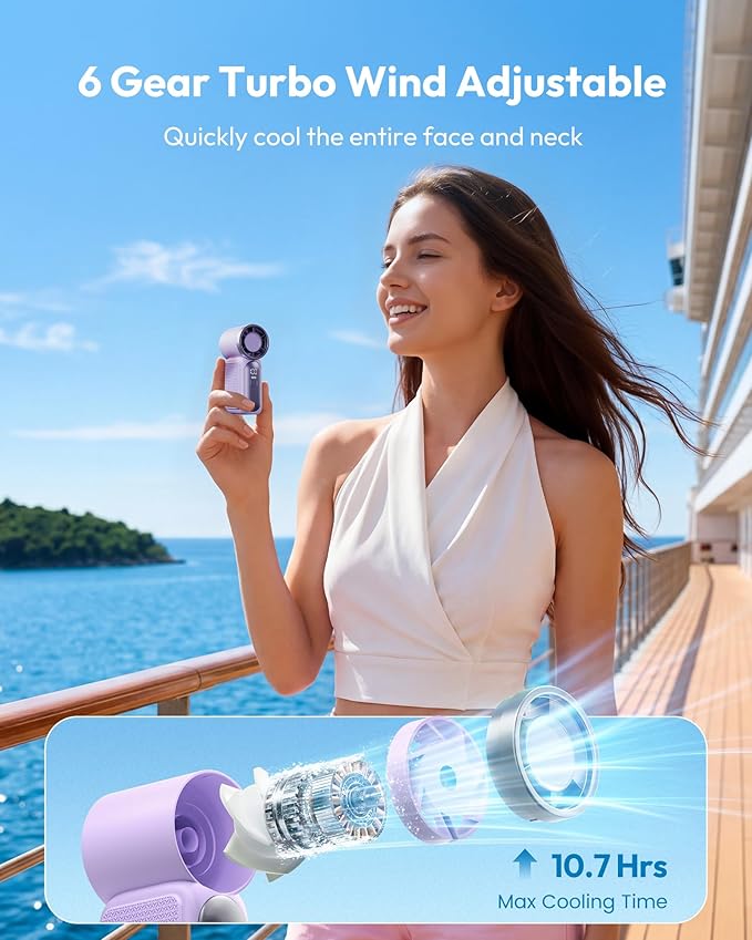 🌀PROMO FLASH 50%💨Mini Ventilateur Portable Turbo LED 6 Vitesses – 3000mAh, USB-C, 107g, Affichage, Parfait pour Voyage, Maquillage & Quotidien✨
