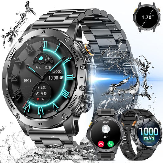 Montre Connectée Style Militaire pour Homme – Écran AMOLED 1,7", Batterie 1100 mAh, Étanche IP68, 110+ Modes Sport