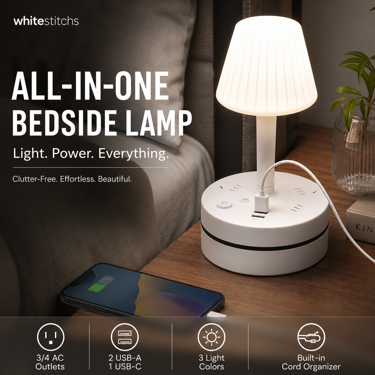 💡Lampe de chevet avec prises USB et secteur,3/4 prises secteur, 2 ports USB, 1 port Type-C. ⭐🏠