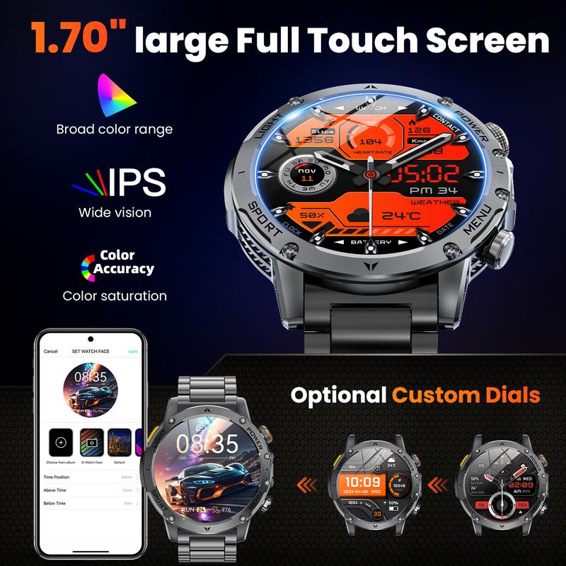 Montre Connectée Style Militaire pour Homme – Écran AMOLED 1,7", Batterie 1100 mAh, Étanche IP68, 110+ Modes Sport