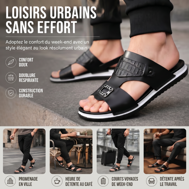 👞PROMO FLASH 50%🏖️Sandales Slip-On Homme Simili Cuir – 2 Textures, Semelle Anti-Dérapante, 3 Couleurs, Pointures 39-48, Respirantes, Rembourrées✨