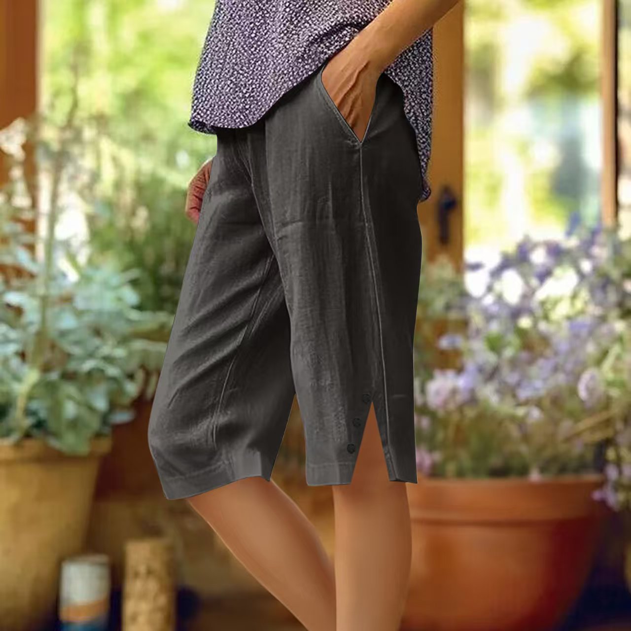 ⏳Offre à durée limitée⏰Pantalon capri décontracté unie avec poches pour femme