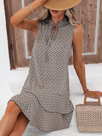 💃🎀 PROMO DERNIER JOUR 50% ! Robe Femme Nœud & Motif Géométrique – Coupe Flatteuse, Tissu Coton Léger, Style Intemporel ✨