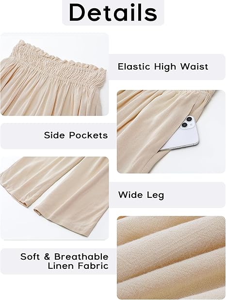 📢📢-50% !! ⏰ Pantalon Capri Femme Taille Haute À Jambe Large en Lin Élastique Smocké