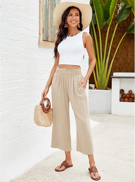 ⏰Pantalon Capri Femme Taille Haute À Jambe Large en Lin Élastique Smocké