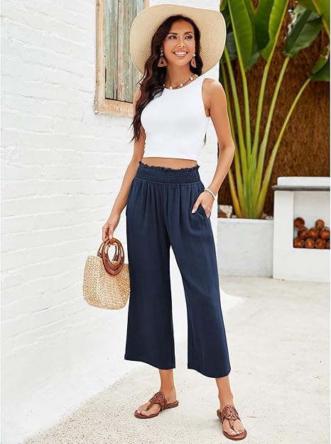 📢📢-50% !! ⏰ Pantalon Capri Femme Taille Haute À Jambe Large en Lin Élastique Smocké
