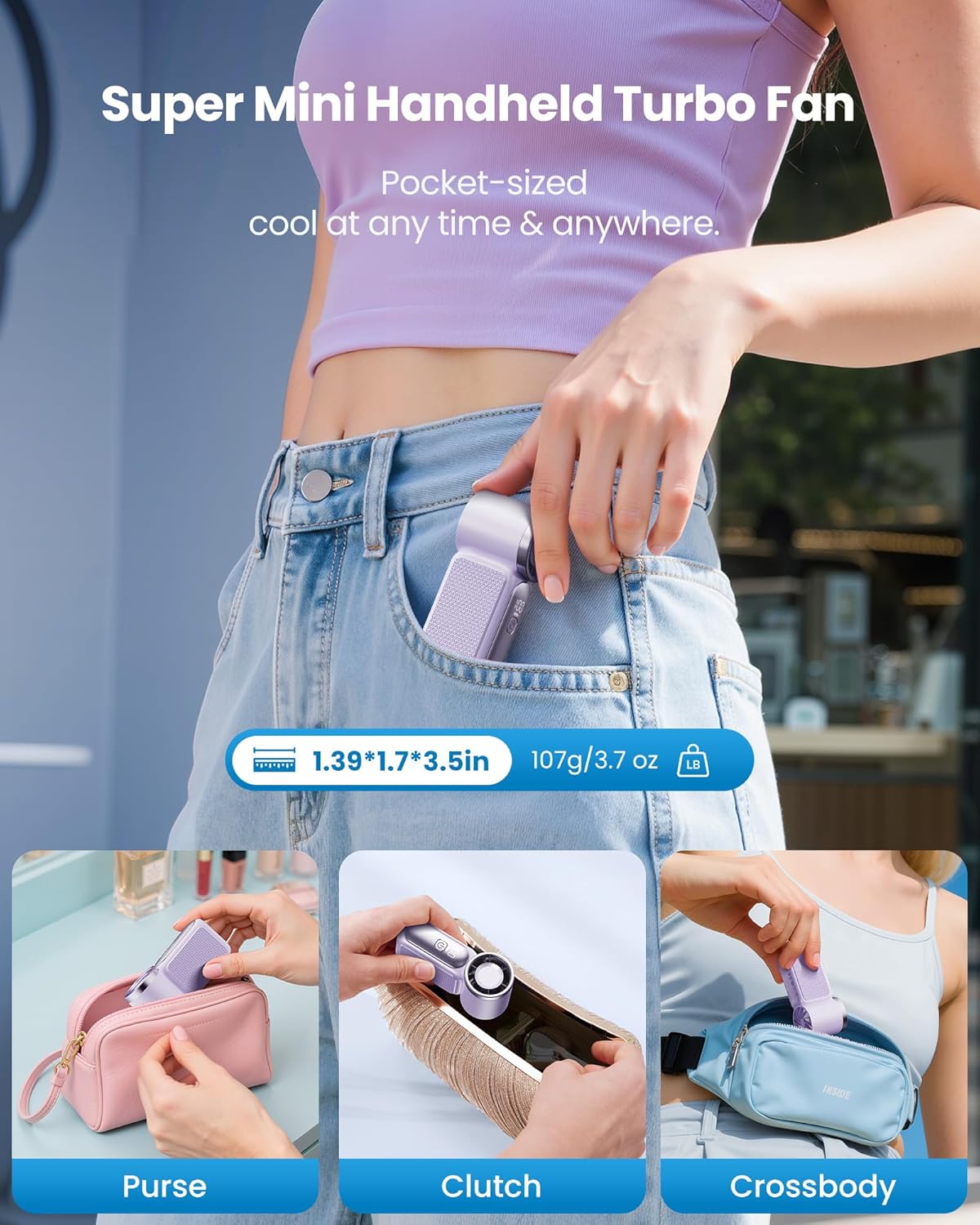 🌀PROMO FLASH 50%💨Mini Ventilateur Portable Turbo LED 6 Vitesses – 3000mAh, USB-C, 107g, Affichage, Parfait pour Voyage, Maquillage & Quotidien✨