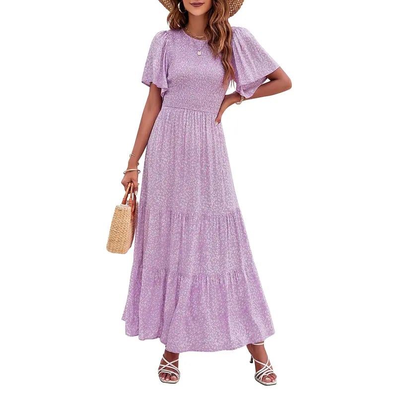 ⏰Robe longue fluide pour femme, style décontracté, à imprimé floral, manches flottantes, smockée et taille haute